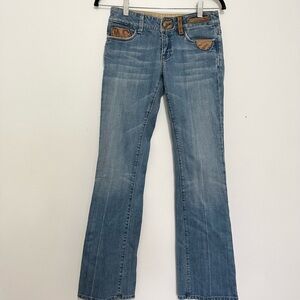 Vigoss Womens 27 Denim Jeans Distressed Leather Rivet Flap